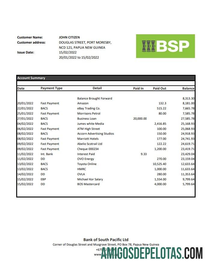 Papua Nova Guiné Extrato bancário BSP modelo Xls